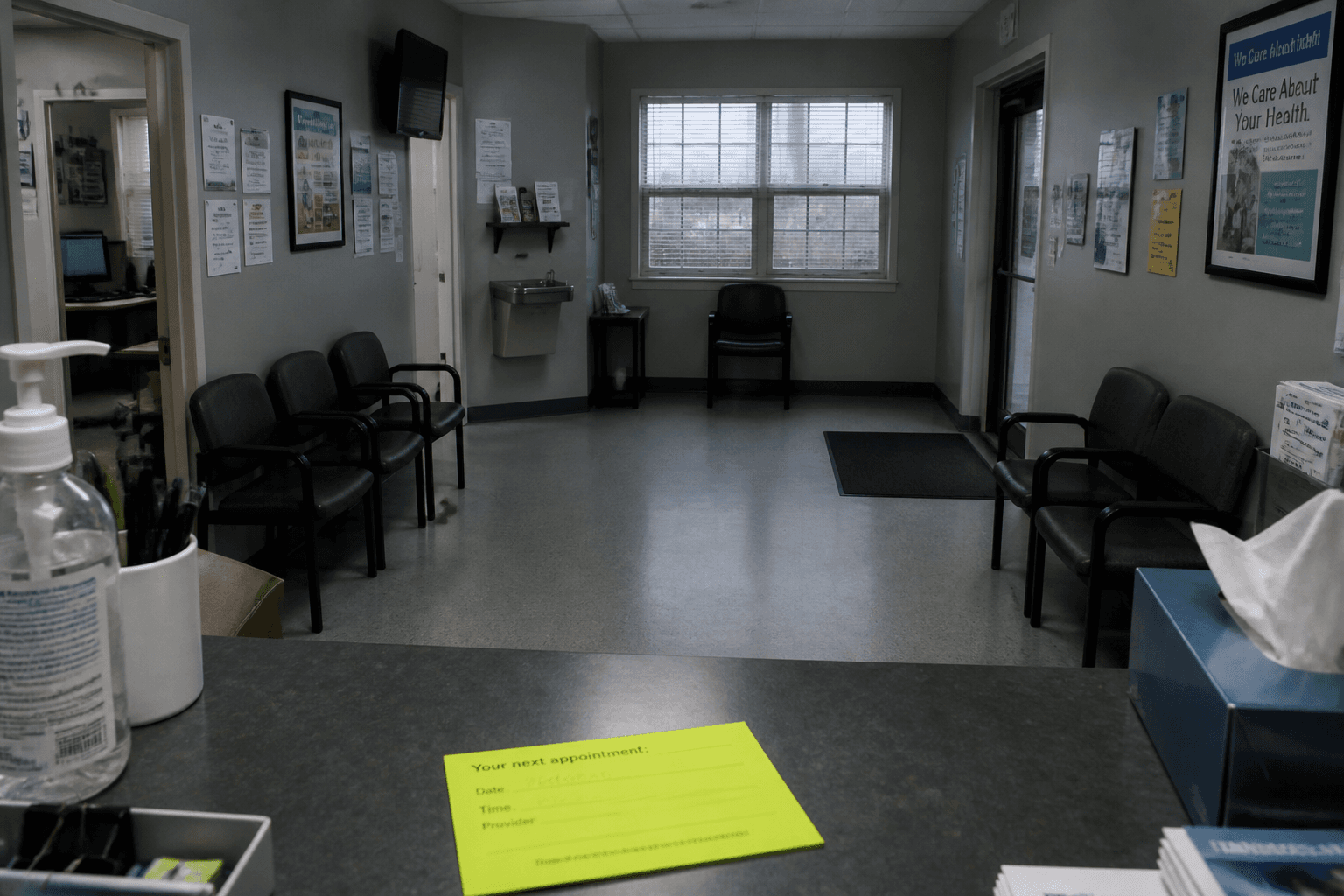 Clinic waiting room with a lime appointment card on the desk