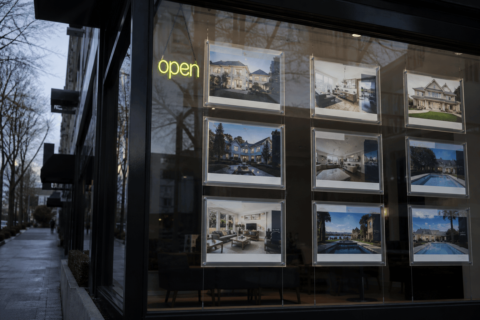Real estate office listings in a storefront window